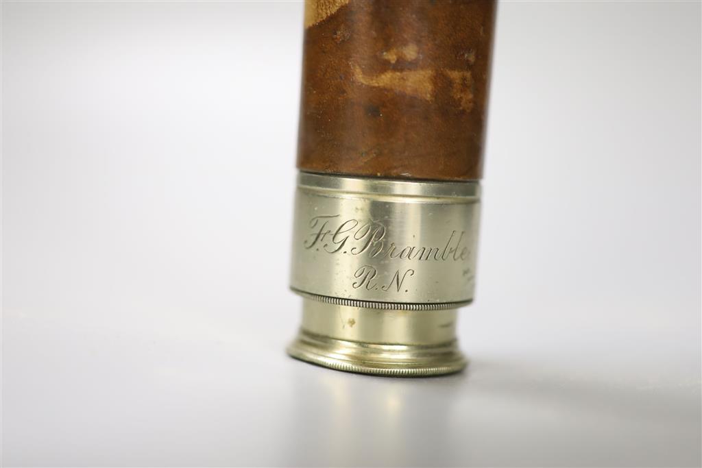 A Royal Navy leather bound telescope, F. G. Bramble, RN, full length 58.5cm